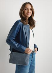 Navy blue suede women's handbag TORES-1249-7C(W26), product view on model's shoulder. Half of silhouette visible.