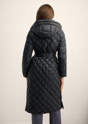 Black women's jacket with natural insulation KURDT-0691-99(Z26), back view of the product on the model. Half of the silhouette visible.