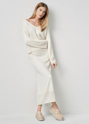 Cream V-neck sweater for women SWEDT-0204-81(W24)-03