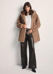 Women's beige fur coat with hood FUTDP-0062-1B(Z26)  front view of the product on the model. Full body visible.
