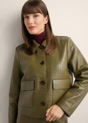 Women's olive green leather short jacket KURDS-0552-8E(Z26), front view of the product on the model. Half of the silhouette visible.