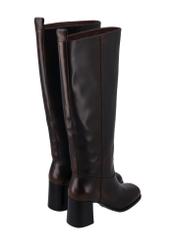 Dark brown leather women's boots with a block heel BUTYD-1335-1I(Z26), product view from the back on a white background.