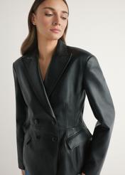 Women's black leather jacket KURDS-0600-99(W26) - front view of the product on a model against a light background. Half of the silhouette is visible.