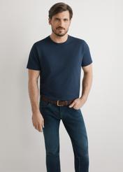 Men's navy blue cotton T-shirt TSHMT-0149-7E(W26), product view on model. Half of the silhouette visible.