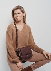 Burgundy two-compartment shoulder bag TOREC-0405C-49(Z25), product view on the model. Half of the silhouette visible.