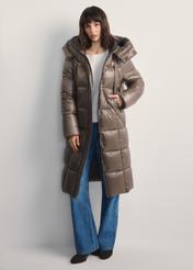 Women's long quilted jacket KURDT-0609-82(Z25), front view of the product on a model. Full body visible.
