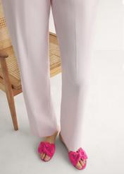 Women's fuchsia suede slides BUTYD-1237-5E(W26), front view of the product on the model's feet.