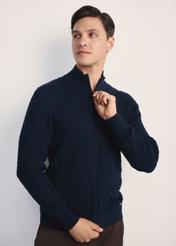 Navy blue men's zippered sweater SWEMT-0169-68(Z25), product visible diagonally on the model, half of the silhouette visible.