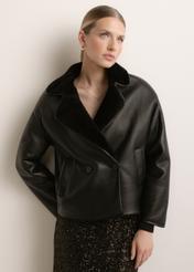 Women's black leather sheepskin coat KOZDS-0105-99(Z26), front view of the product on a model. Half of the silhouette visible.