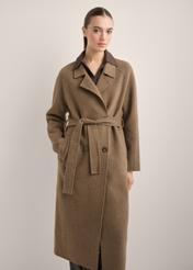 Women's long brown wool coat PLADT-0070-1K(Z26) - front product view, on white background. Half silhouette visible.