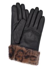 Women's black leather gloves with fur REKDS-0110-99(Z26), product view from above on white background.