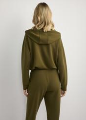 Women's khaki hooded sweatshirt BLZDT-0111A-8D(W26), back view of the product on the model. Half of the silhouette visible.