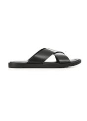 Men's black leather flip-flops BUTYM-0536-99(W26), side view of the product on a white background.