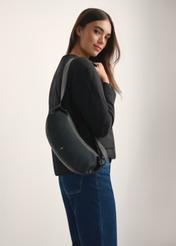 Black leather baguette-style handbag TORES-1238-99(W26), front view of the product on a model, half of the silhouette visible.