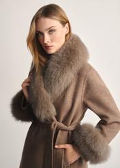 Long woolen women's fur coat in camel color FUTDF-0112-3181(Z25) - close-up of a model on a white background. Half of the silhouette visible.