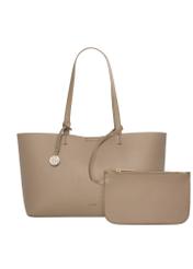 Large women's handbag in cool beige color TOREC-1258-1K(Z26), product view from the front with a detachable cosmetic bag on a white background.