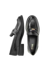 Women's black leather moccasins with logo BUTYD-1199-99(Z25), product view from above on white background.