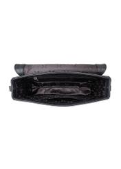 Women's black leather messenger bag TORES-1245-99(W26) - top view of the product on a white background.