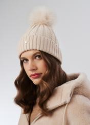 Beige women's cap with pompom CZADT-0158-81(Z23)-01