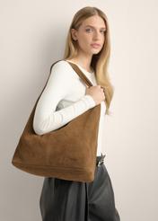 Cognac suede shopper bag TORES-1403-1F(Z26), front view of the product on a model. Half of the silhouette visible.