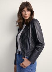 Women's black leather biker jacket KURDS-0273-1110(KS), front view of the product on the model. Half of the silhouette visible.