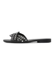 Women's black leather mules with rhinestones BUTYD-1226-99(W26), side view of the product on a white background.