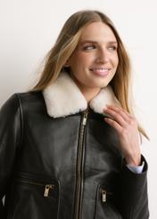 Black leather bomber jacket KURDS-0646-99(Z26), close-up of the product on a model against a light background.