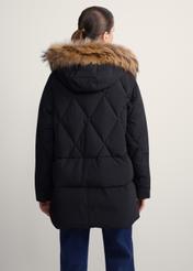 Black women's jacket with fur KURDT-0480-99(Z25), product view from the back on the model, half of the silhouette visible.