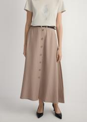 Beige viscose midi skirt SPCDT-0121-1D(W26), front view of the product on the model. Half of the silhouette visible.
