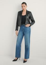 Women's short leather jacket KURDT-0522-99(W26) - front view of the product, on a model, against a light background. Full body visible.