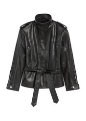 Women's black leather jacket with belt KURDS-0564-0756(Z25), product view from the front on a white background.