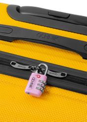 Pink TSA combination padlock AW-015-0003-34(W25), product view on suitcase on white background.