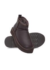 Brown leather women's snow boots BUTYD-1219-89(Z25), diagonal product view on a white background.