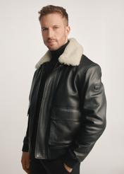 Black men's leather pilot jacket KURMS-0378-2745(Z25), side view of the product on the model, half of the silhouette visible.