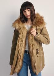 Beige women's jacket with fur KURDT-0612-81(Z25) - front view of the product on a model against a white background. Half of the silhouette visible.