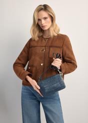 Small navy blue leather croco handbag TORES-1231-7D(W26), product view in model's hands. Half silhouette visible.