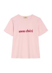 Pink women's T-shirt with print TSHDT-0152-5A(W26), product view from the front on a white background.