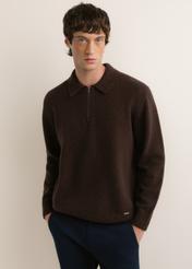 Dark brown men's wool sweater SWEMT-0212-1I(Z26), front view of the product on the model. Half of the silhouette visible.