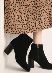 Black suede women's ankle boots BUTYD-1213-98(Z25), product view on model's feet against a light background.