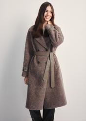 Women's Brown Wool Fur Coat FUTDW-0035-91(Z25) - front view of the product on a model against a white background. Knee-length silhouette visible.