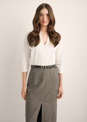 Cream cotton V-neck blouse BLUDT-0210-0B(Z26), front view of the product on the model. Half of the silhouette visible.