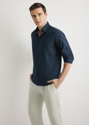 Men's navy linen shirt KOSMT-0362-7E(W26) - front view of the product, on a model, against a light background. Half of the silhouette visible.