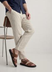 Men's leather sandals in cognac color BUTYM-0537-1F(W26), side view of the product on the model's feet.