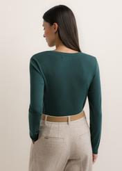 Turquoise women's long-sleeved blouse LSLDT-0057-7F(Z26), rear view on a model. Half of the figure is visible.