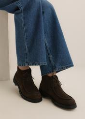 Dark brown suede women's ankle boots (BUTYD-1347-1I(Z26)), angled view of the product on a model's feet, against a light background.