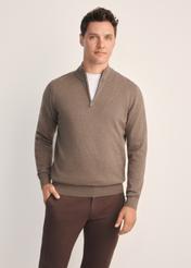 Brown men's sweater SWEMT-0174-90(Z25), front view of the product on the model. Half of the silhouette visible.