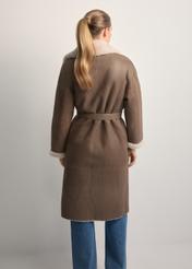 Long classic brown women's sheepskin coat KOZDS-0071-3091(Z25), product view from the back on the model. Full body visible.