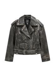 Women's short leather biker jacket KURDS-0434-99(W26) - front product view, on a white background.