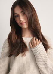 Beige women's sweater SWEDT-0238-81(Z25), close-up of the product on a model against a light background.
