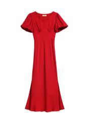 Red long women's dress SUKDT-0262-4B(W26), front product view on white background.